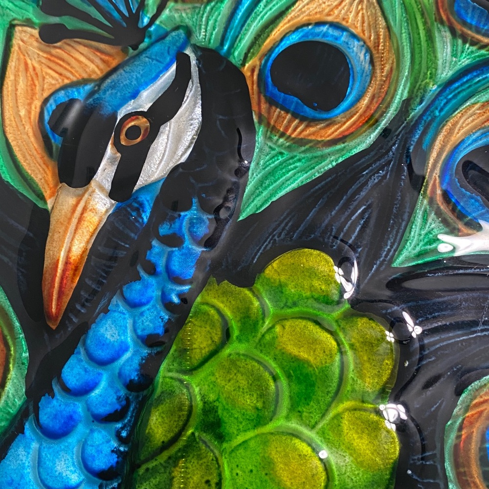 Vibrant Peacock Glass Art Plate with Hanger - Picture 3 of 3